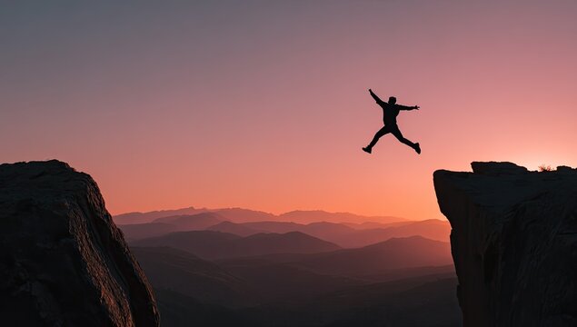 A silhouetted figure leaps across a chasm at sunset, symbolizing courage, risk-taking, and the pursuit of ambitious goals against a breathtaking mountain landscape.