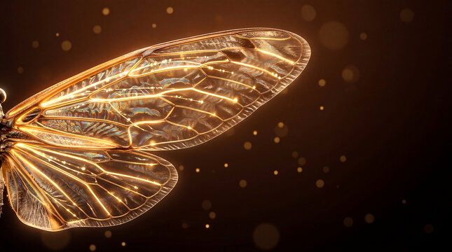 Cicada wing fiber optic macro with warm amber honey bioluminescent glow on dark umber background