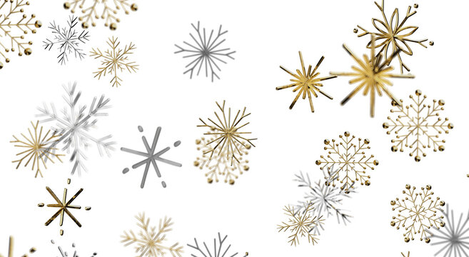 Elegant winter illustration with golden and silver snowflakes on a white background, perfect for se