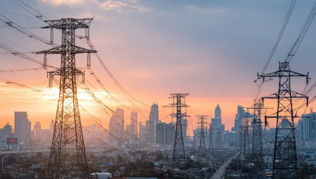 A sprawling cityscape is framed by towering power lines silhouetted against a vibrant sunset sky, showcasing the intersection of urban development and essential infrastructure.
