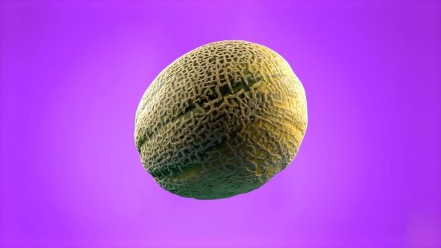 A high-resolution 3D model or photo of a whole cantaloupe melon with its signature textured rind. The fruit is isolated and floating against a solid purple background, perfect for food and healthy lif