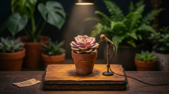 Succulent Plant on Miniature Stage with Microphone, Botanical Stand-Up Comedy Concept, Macro Plant Photography with Spotlight, Whimsical Nature Personification, Creative Office Decor