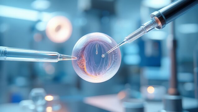 A close-up view of a scientist's hands performing in vitro fertilization by carefully injecting a sperm into a human egg cell using a microscope in a laboratory setting, highlighting advancements in