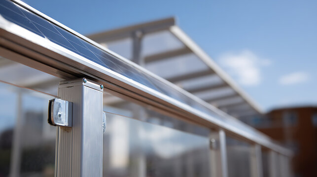 Modern structure with integrated solar panel, clean energy solution for sustainable living, vibrant blue sky background, innovative design detail