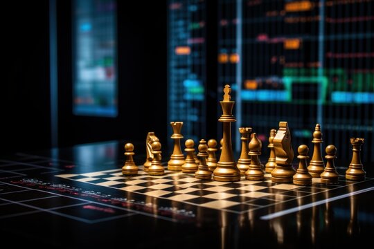 Golden chess pieces symbolizing financial strategy and business competition against a data background