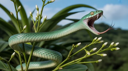 Fototapeta premium Slender green snake coiled around a plant branch with its mouth open