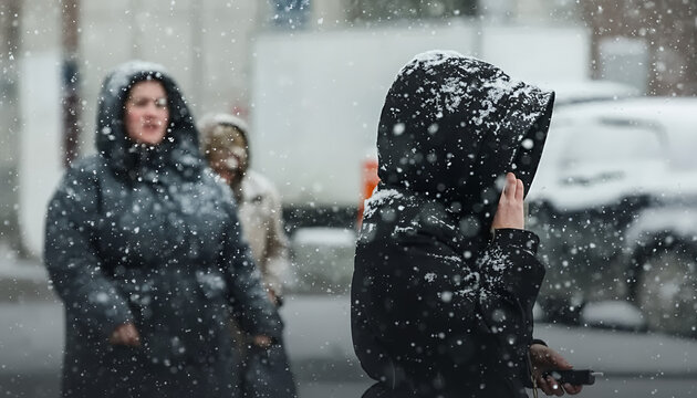 Women in winter coats enjoying snowfall in a city street

