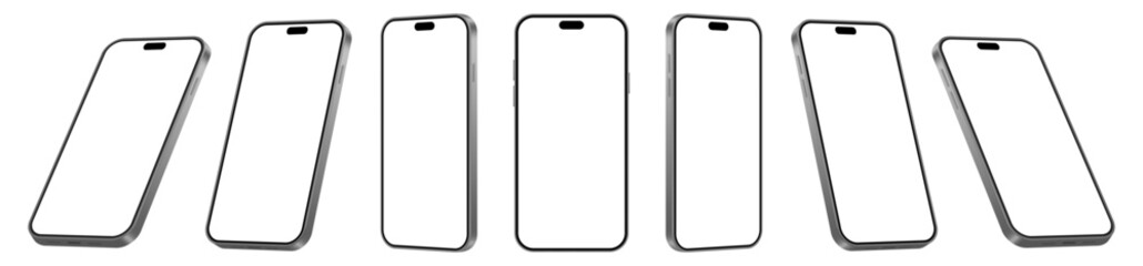 Obraz premium Realistic Smartphone Mockup Set. Perspective Mobile Phones With Blank Screen isolated on Transparent Background