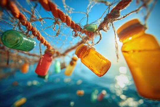 A vibrant, low-angle shot captures a fishing net laden with colorful plastic bottles suspended against a bright blue sky and shimmering water, highlighting the issue of ocean pollution.