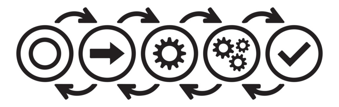 Step by step linear progress icons with circles arrows and gear symbols for business workflow charts.