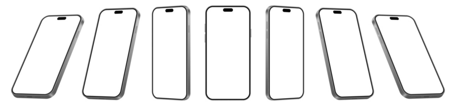 Realistic Smartphone Mockup Set. Perspective Mobile Phones With Blank Screen isolated on Transparent Background