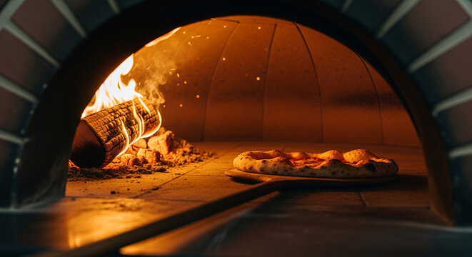 Freshly baked pizza in a wood-fired oven on a wooden peel with flames in the background