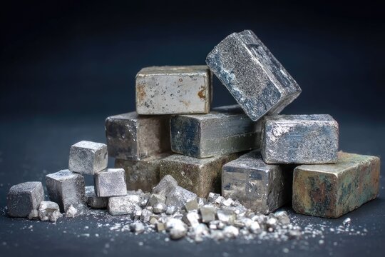 A close-up photograph showcases a collection of pyrite crystals and cubes arranged on a dark surface, highlighting their metallic luster and geometric forms.