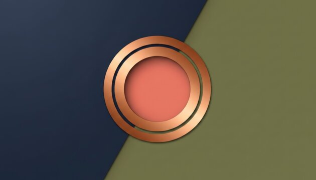 Elegant copper concentric circles with a soft coral inner circle create a modern abstract design against a split background of deep navy blue and muted olive green conveying