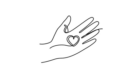Obraz premium Single line continuous art illustration of an open hand with a heart shape drawn within it, symbolizing love, care, and empathy