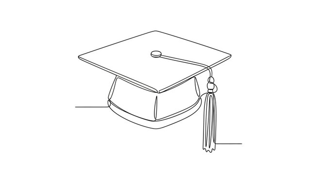 Minimalist continuous line art illustration of a graduation cap with a tassel, symbolizing academic achievement and the culmination of educational pursuits
