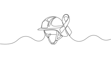 Fototapeta premium Single continuous line drawing of a fire helmet adorned with a ribbon, symbolizing support, safety, and solidarity within the firefighting community