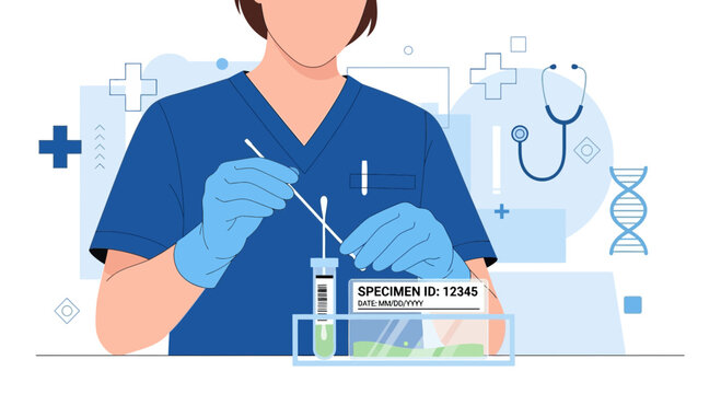 Medical professional conducting diagnostic test with swab and specimen vial, healthcare concept