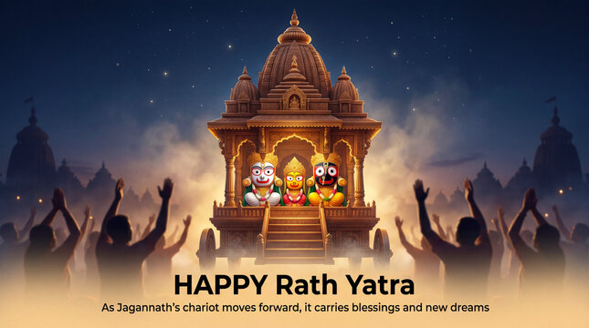 Three deities in ornate wooden chariot with raised hands crowd against starry night sky and temple silhouettes