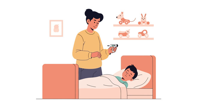 Mother checking child's temperature with thermometer while child lies in bed sick