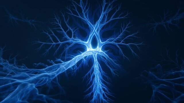 Luminous blue branching network with glowing threads radiating from central node against dark background, representing connectivity and digital transformation.