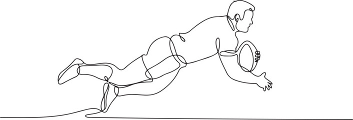 Continuous one line drawing male rugby player making score at training session or match on grass field. Balance, endurance and workout for wellness. one line Icon drawing