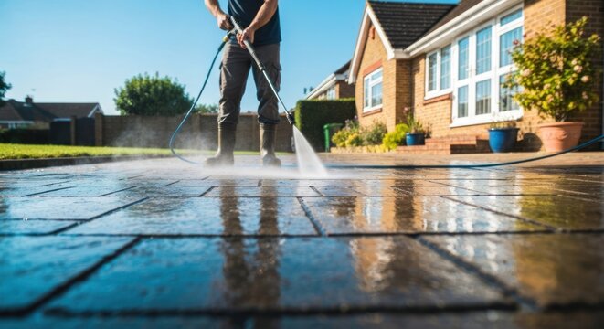 Person pressure washing a brick patio on a sunny day