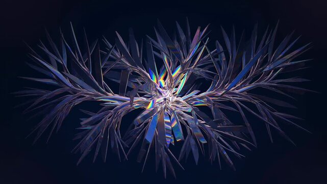Abstract 3D digital starburst explosion with rainbow iridescent rays radiating from center against black background, ideal for video backgrounds and motion graphics.