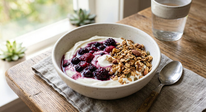 Skyr yogurt bowl with berry compote and granola