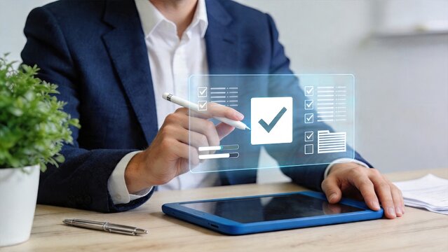 Businessman interacting with futuristic hologram interface using stylus to select digital options on transparent screen displaying check marks and data lists at wooden office desk
