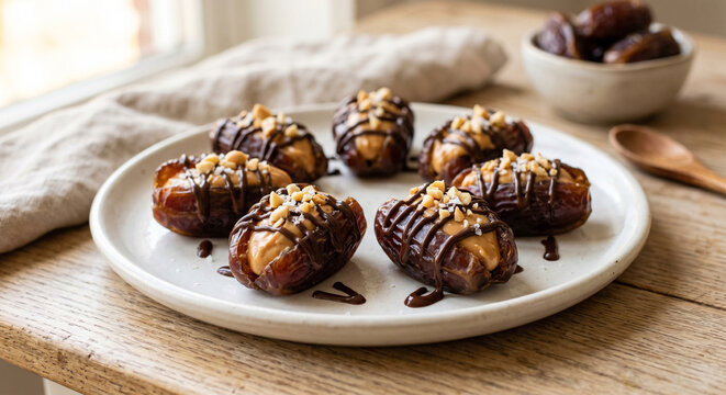 Medjool dates stuffed with peanut butter and chocolate drizzle
