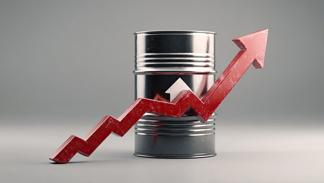 A metallic oil drum is prominently displayed with a vibrant red upward-pointing arrow symbolizing growth and increasing prices in the energy sector.