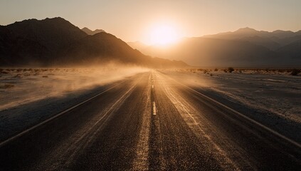 Naklejka premium A long, straight desert road stretches towards a distant mountain range bathed in the warm glow of a setting sun, creating a sense of vastness and solitude.