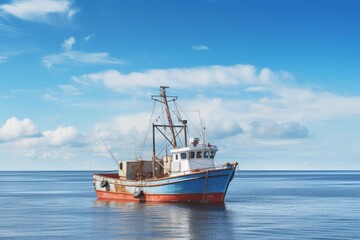 Fototapeta premium Fishing boat floating on still ocean under a clear blue sky with clouds