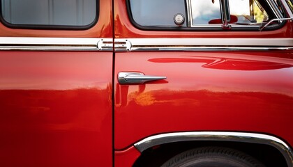 Fototapeta premium detail of a classic red vintage van with chrome trim