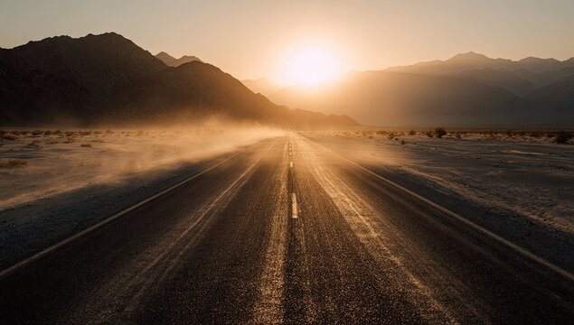 A long, straight desert road stretches towards a distant mountain range bathed in the warm glow of a setting sun, creating a sense of vastness and solitude.