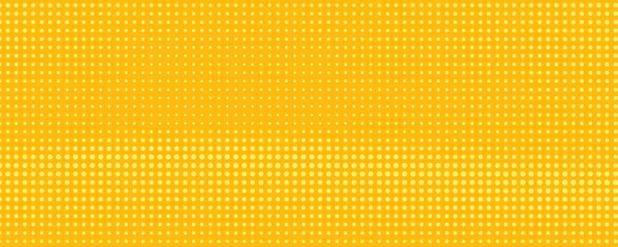 Yellow halftone pattern. Retro comic gradient background. Bright orange pixelated dotted texture overlay. Cartoon pop art faded gradient pattern. Vector backdrop for poster, banner, advertisement