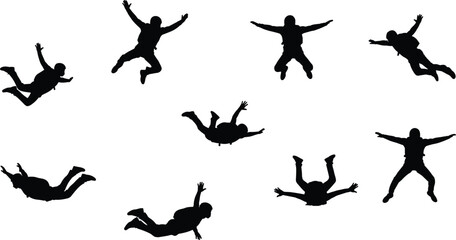 Skydiver, black, silhouette, collection, featuring, people, in, freefall, jumping, through, air, on, white, background, extreme, sports, vector, illustration, set, isolated. © SUMAIYA