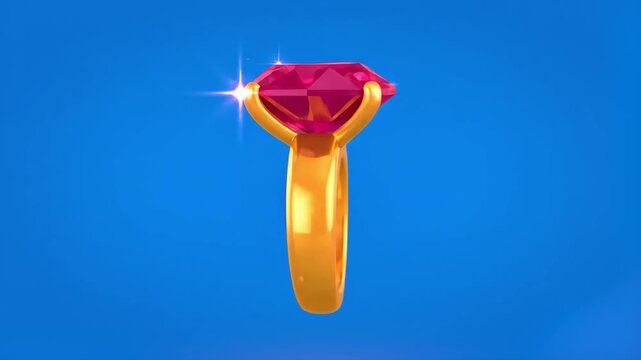 A vibrant 3D rendering of an elegant gold band ring set with a brilliant sparkling pink ruby or sapphire gemstone, isolated against a solid blue backdrop. Perfect for jewelry store advertising, engage
