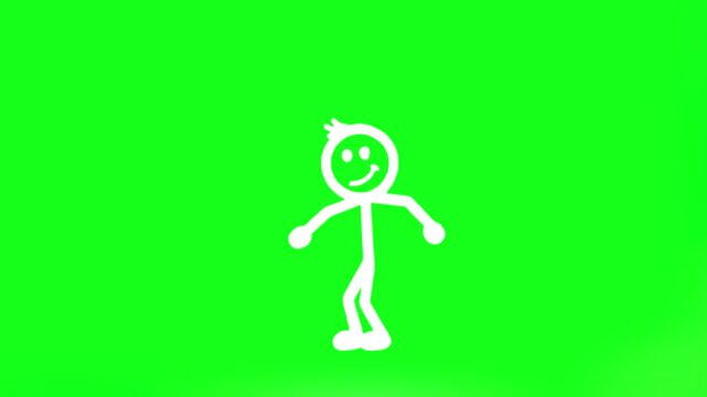 A white contour stickman figure does basic repetitive jumps in place against a solid green screen backdrop. This asset is completely ready for keying and overlaying onto any custom footage, video game