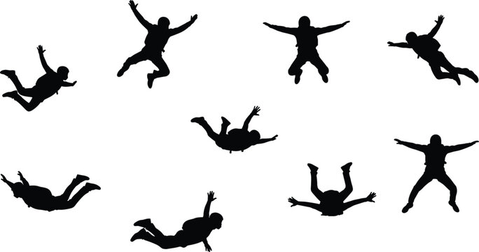Skydiver, black, silhouette, collection, featuring, people, in, freefall, jumping, through, air, on, white, background, extreme, sports, vector, illustration, set, isolated.