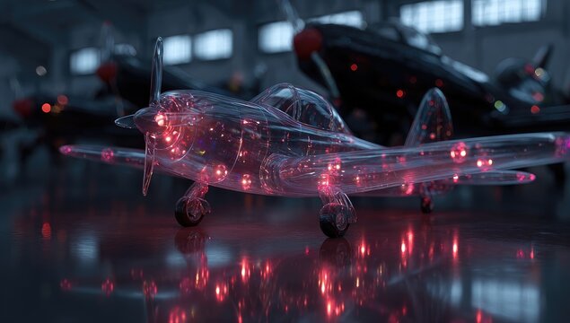 A futuristic, transparent airplane model glows with vibrant red lights, creating a striking visual effect against a dark, industrial backdrop.