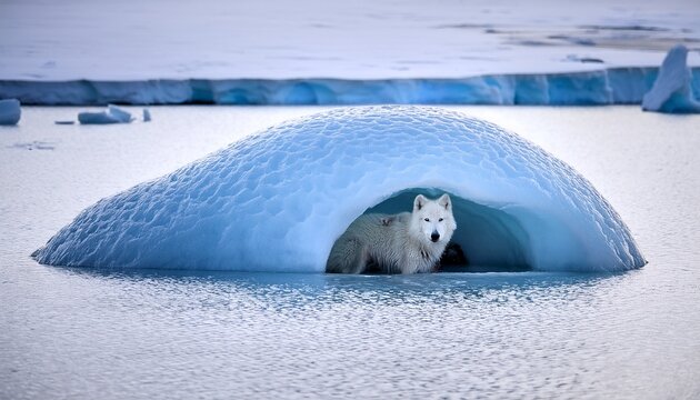 arctic wolf sheltered beneath cracked ice dome