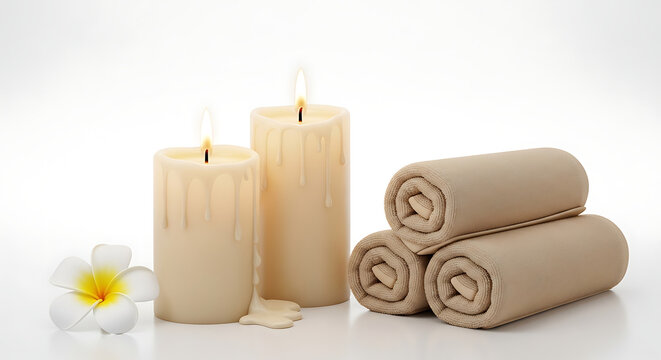 Spa setting with lit candles rolled towels a flower relaxation wellness fragrance tranquility pampering lifestyle