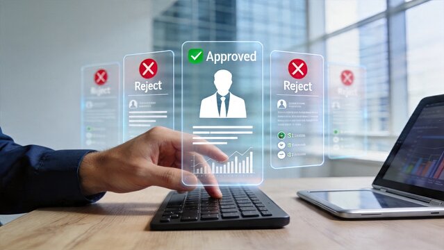 Businessman selecting approved candidate from hologram interface rejecting others in modern office with laptop and futuristic technology