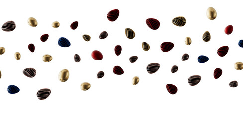 Decorative Easter eggs in gold, red and blue with a white background, perfect for holiday greetings, decorations, and Ea © vegefox.com