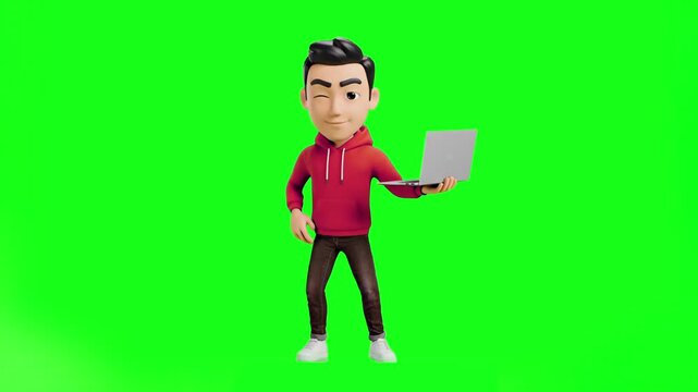 A 3D rendered young man in a red hoodie and black pants holding an open laptop and winking. Perfect for tech, education, or freelance concepts. Isolated on a chroma key green screen background for eas