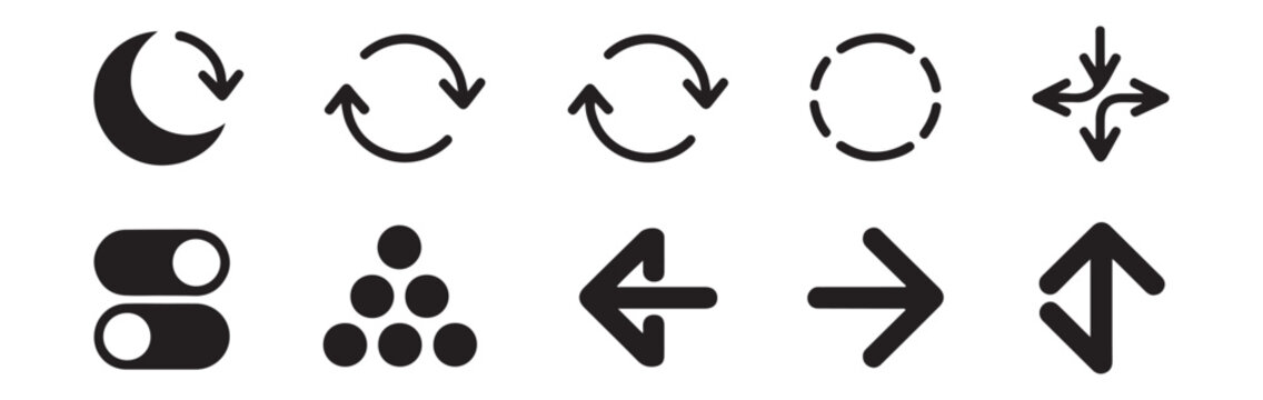 Assorted interface navigation symbols including arrows toggles and sync icons for modern app design.