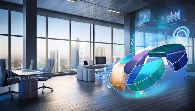 holographic analytics pie charts floating in modern office with copy space
