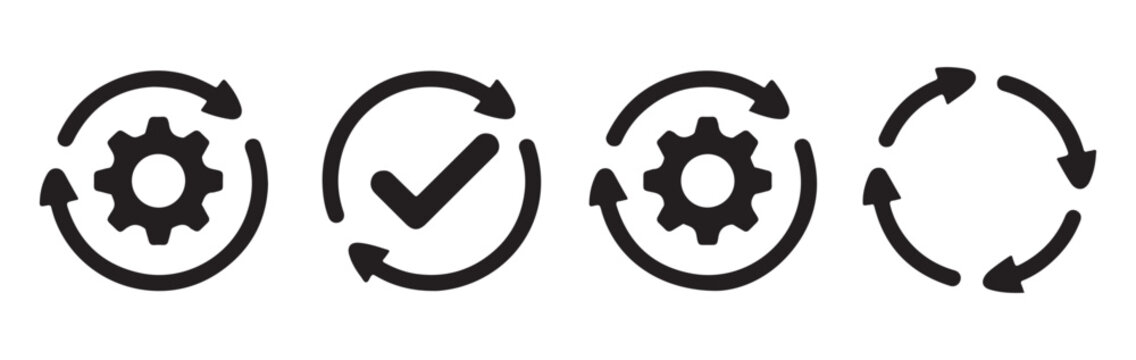 Four circular icons showing refresh cycles with gears and checkmark for process workflow automation.